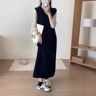 【Uicy】韓版長版V領針織背心 連身裙 吊帶裙 吊帶褲 女裝S374