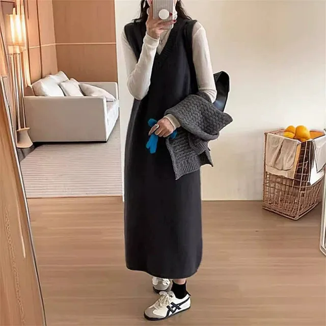【Uicy】韓版長版V領針織背心 連身裙 吊帶裙 吊帶褲 女裝S374