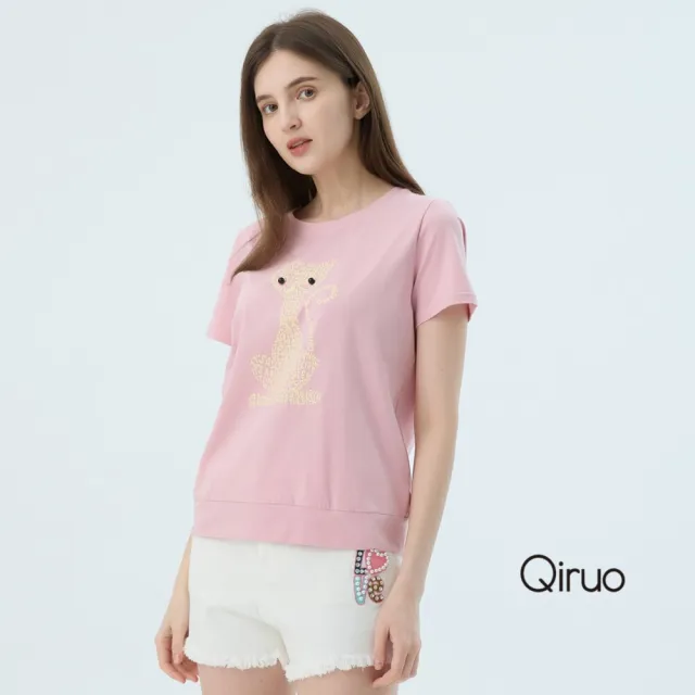 【Qiruo 奇若名品】春夏專櫃精品粉色短袖上衣4025A  貓咪女裝