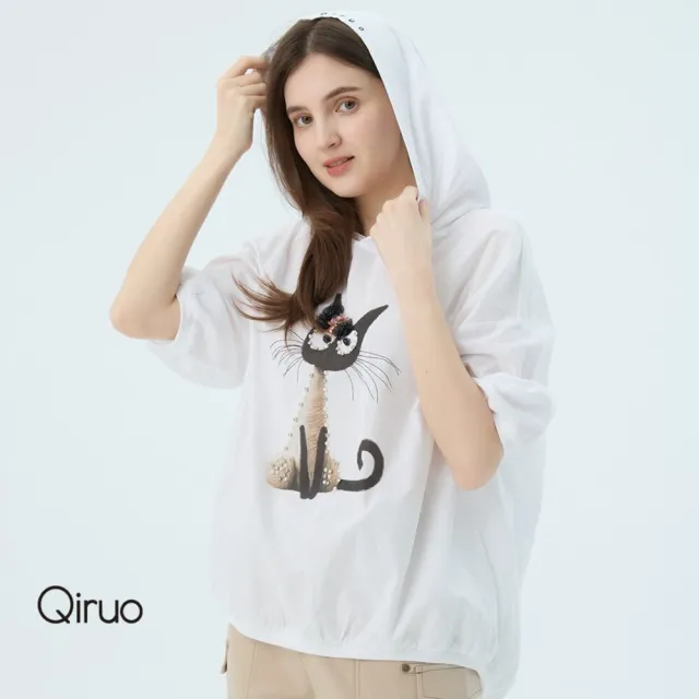 【Qiruo 奇若名品】專櫃精品白色貓咪女人短袖連帽上衣2516A  棉質女裝