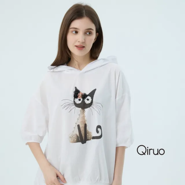 【Qiruo 奇若名品】專櫃精品白色貓咪女人短袖連帽上衣2516A  棉質女裝