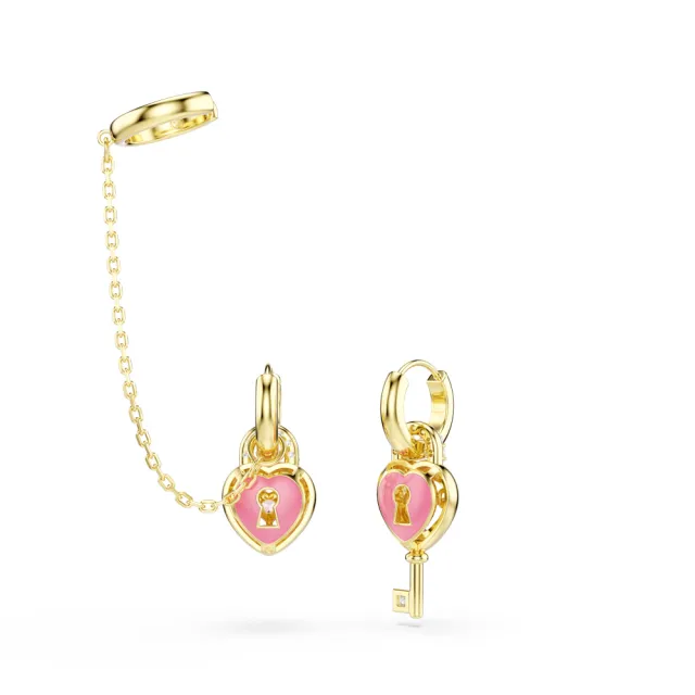 【SWAROVSKI 施華洛世奇】官方直營 Idyllia 愛心與鑰匙垂墜式耳環和耳骨夾 粉紅色 鍍金色色調 | 5737294