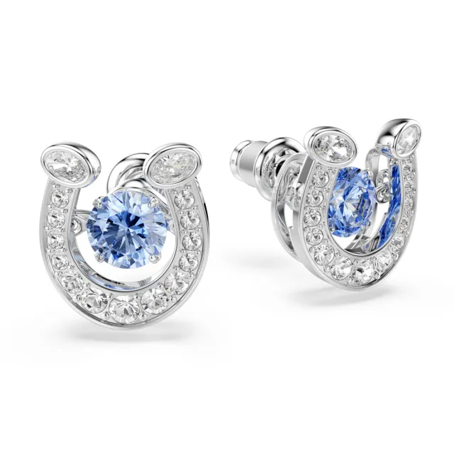 【SWAROVSKI 施華洛世奇】官方直營 Symbolica 馬蹄鐵 藍色耳釘 圓形切割 密鑲 鍍白金色 | 5746563