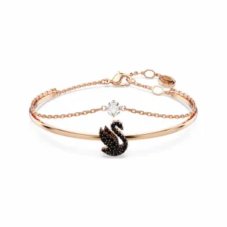 【SWAROVSKI 施華洛世奇】官方直營 Swarovski Swan 手鐲 天鵝 黑色 鍍玫瑰金色調