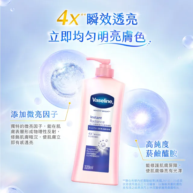 【Vaseline 凡士林】官方直營 透亮系列潤膚露320ml_2入組(十效彈潤/涼感水潤/SPF30透亮防曬 美白乳液)