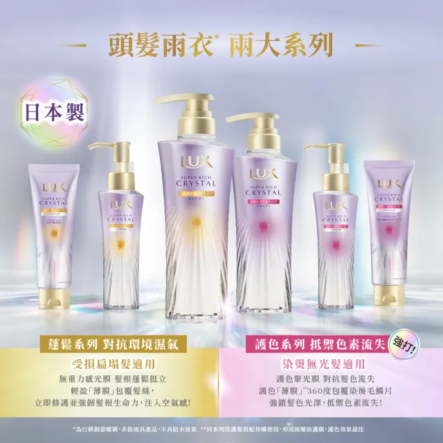 【LUX 麗仕】日本製極輕光護膜洗髮精450ml/髮膜180ml任選2入(頭髮雨衣/護色聚光/蓬鬆修護)