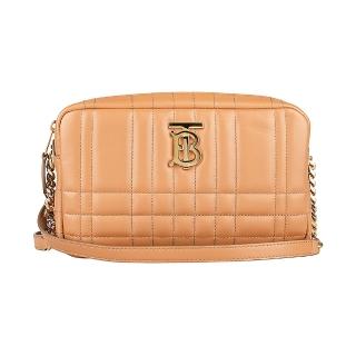 【BURBERRY 巴寶莉】BURBERRY LOLA TB字母LOGO格紋小羊皮拉鍊斜背相機包(褐)