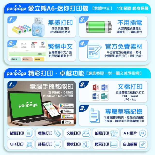 【PeriPage】標檢局認證 高清304dpi A6迷你打印機(條碼機/標籤機/打印機/貼紙機/錯題機/錯題打印)