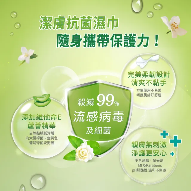 【TEMPO】抗菌倍護濕巾 隨身袖珍包-茉莉花香氛(8抽x60包/小箱購)