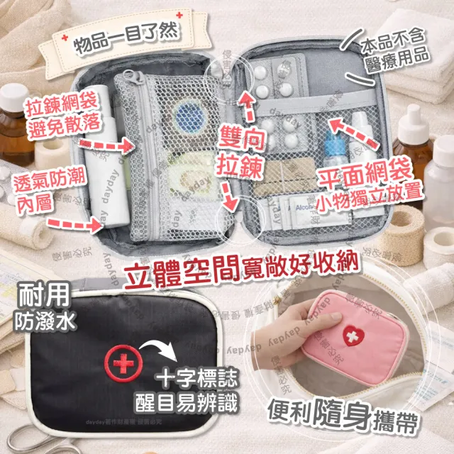 【日日好物】生活良品-大開口雙向拉鍊夾層隨身便攜醫藥品分類立體小收納包1入/袋(本品不含醫療用品藥物品