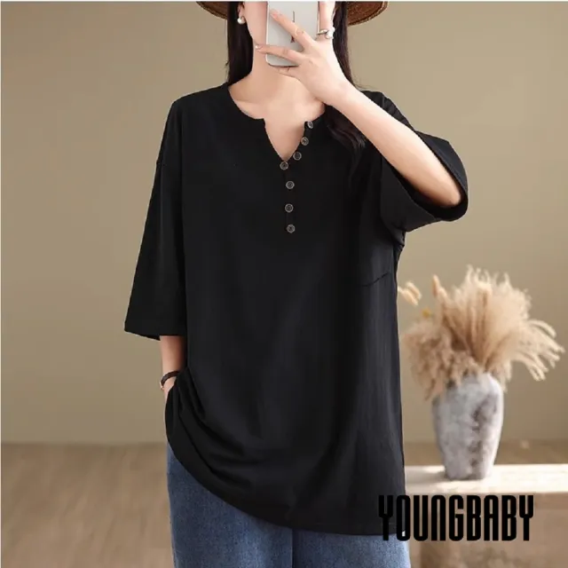 【YOUNGBABY】小V領排釦休閒長版上衣 中大尺碼女裝
