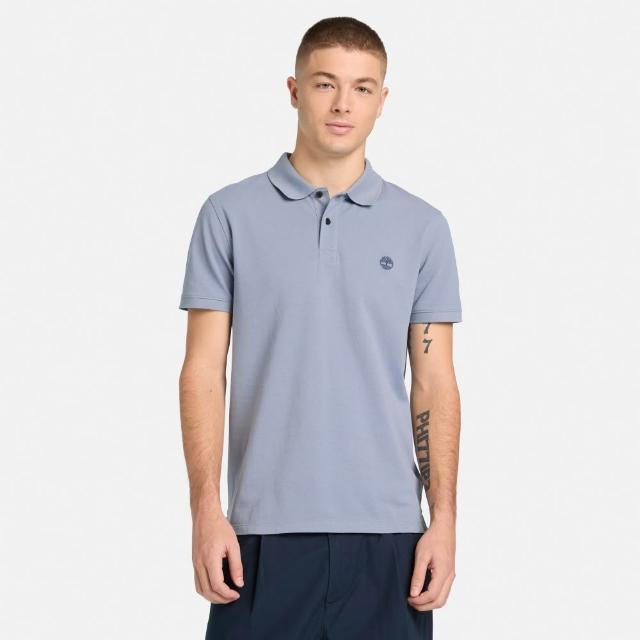 【Timberland】男款灰藍色彈性短袖POLO衫(A69Z7B88)