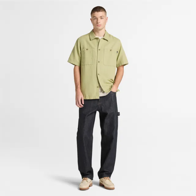 【Timberland】男款灰綠色寬版亞麻混紡短袖襯衫外套(A5SK7BQ0)