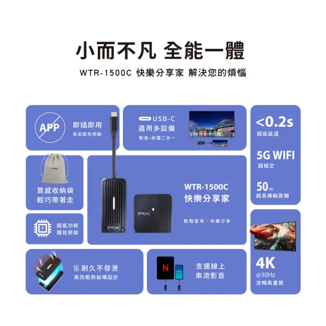 【PX 大通】Netflix投影iphone筆電Type-C 影音+供電2合1 1080p無線投影影音分享器(WTR-1500C Disney MAC)