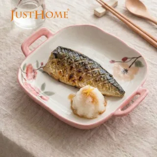 【Just Home】映花陶瓷9吋雙耳方盤(可微波 盤 餐盤 湯盤)