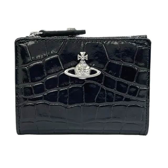 【Vivienne Westwood】春夏新款 品牌LOGO 鱷魚紋皮革雙摺卡夾 (黑色)