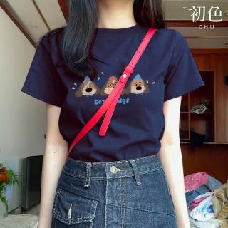【初色】韓系卡通小狗塗鴉字母印花圓領短袖T恤上衣女上衣-共2色-19409(M-2XL可選)