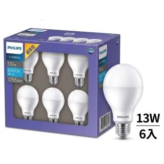 【Philips 飛利浦】13W 超省球燈泡 E27 1755流明4000K/6500K 6入組