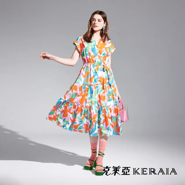 【KERAIA 克萊亞】春花漫舞印花洋裝(附腰帶)