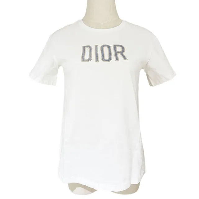 【Dior 迪奧】刺繡logo短袖T-shirt (白/字母暗粉刺繡裡面單寧色)