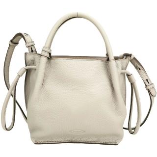 【TOD’S】TODS 小型 T字 荔紋牛皮手提/斜背抽繩水桶包-奶油白(義大利手工皮革)
