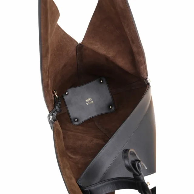 【TOD’S】TODS Di Bag Folio 開衩細節牛皮金字塔廓型肩背包 附萬用包-黑色(義大利手工皮革)