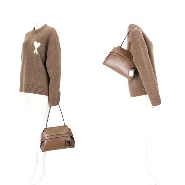 【TOD’S】TODS Wave 小款 字母壓印壓紋牛皮翻蓋拉鍊肩背包-棕色(義大利手工皮革)