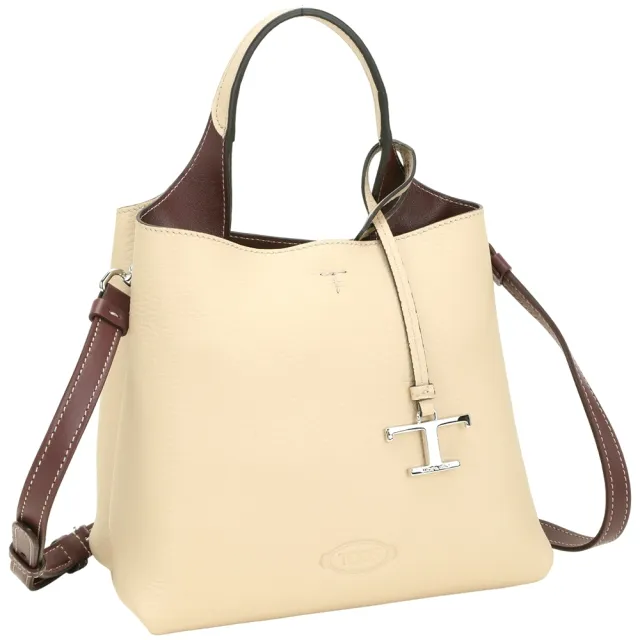 【TOD’S】TODS APA 附T字吊飾荔枝紋小牛皮手提/肩背包-米杏色(義大利手工皮革)