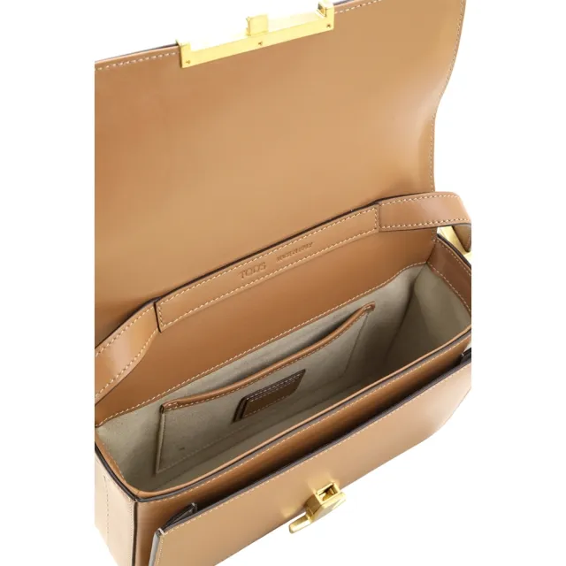 【TOD’S】TODS Timeless T字金屬按扣光滑牛皮滑動式背帶肩背方包-棕色(義大利手工皮革)