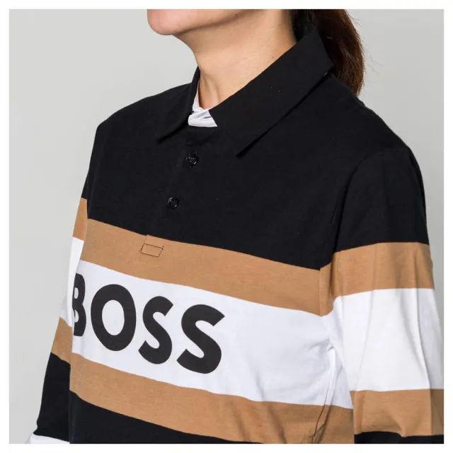 【HUGO BOSS】條紋logo長袖 polo衫(黑/棕/白)(16-M)
