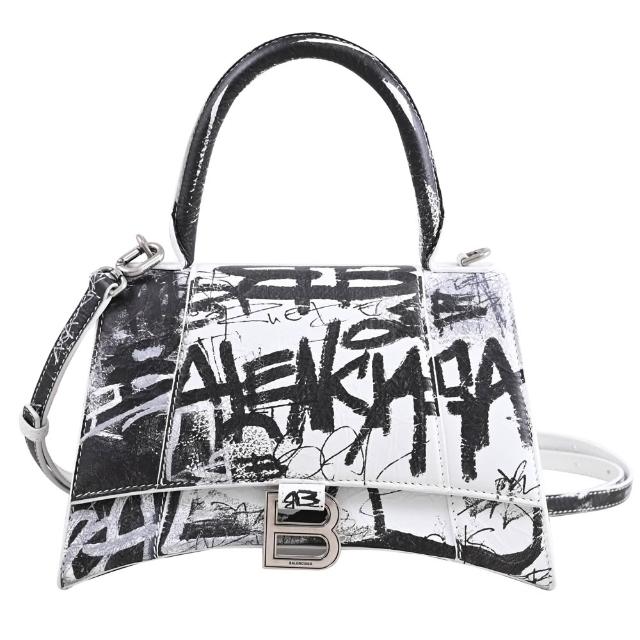 【Balenciaga 巴黎世家】Hourglass 品牌B字LOGO塗鴉印花手提包沙漏包兩用包包(黑白)