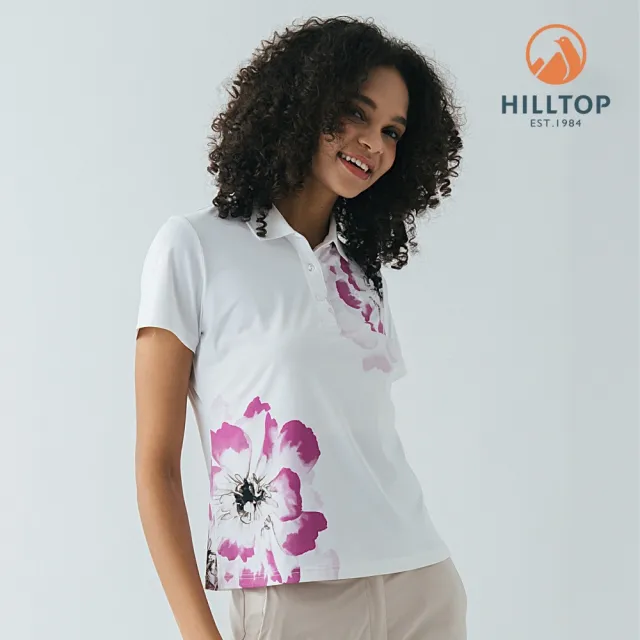 【Hilltop 山頂鳥】Polygiene吸濕快乾抗UV施華洛世奇縫釦彈性印花POLO衫 女款 紫花｜PS14XFM2ECJZ