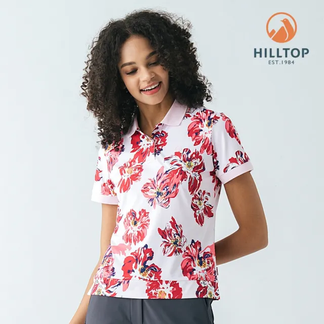 【Hilltop 山頂鳥】Polygiene抗菌吸濕快乾抗UV彈性印花POLO衫 女款 粉底紅花｜PS14XFM5ECFZ