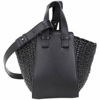 【LOEWE 羅威】Hammock 小巧款 多揹法編織羊皮拼接小牛皮手提 斜背吊床包-黑色