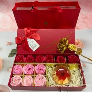 【A-ONE 匯旺】紅櫻花 氨基酸水晶皂禮盒 (附手提袋+紅香皂花12朵+金箔玫瑰花) 保濕修花水晶皂禮盒