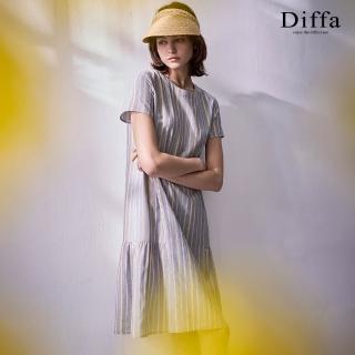 【Diffa】灰黃條織紋短袖連身洋裝-女