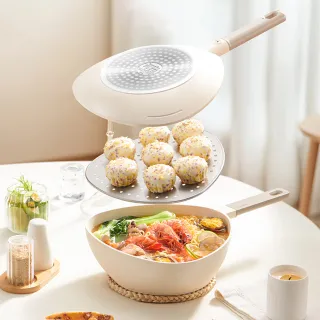 【Taste Plus】悅味元素 小資露營 居家 三角鍋 鈦+陶瓷不沾鍋 上下雙鍋組 18cm-珍珠白(贈蒸盤)