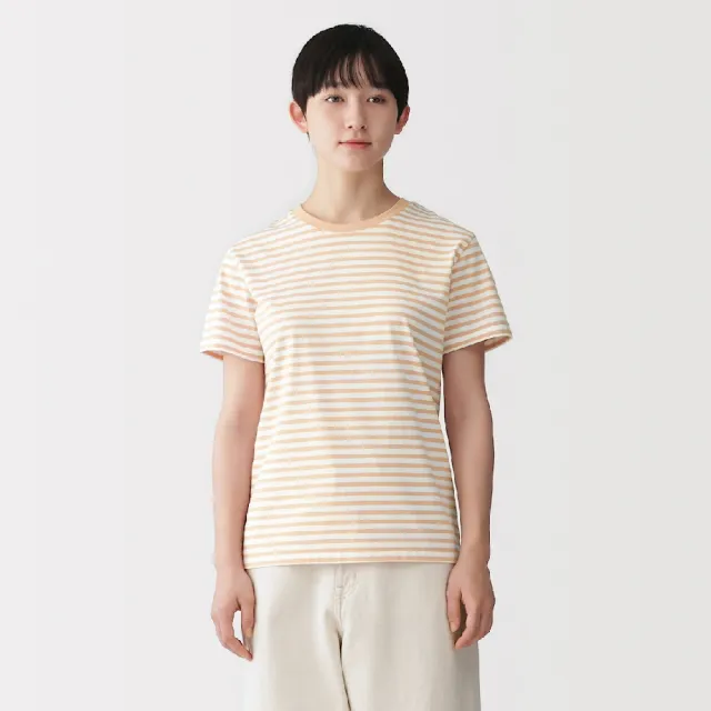 【MUJI 無印良品】女天竺圓領短袖T恤(白色/灰色/黑色/淺橘/黑橫紋/黑紋樣/煙燻藍紋樣/橘橫紋/淺藍)