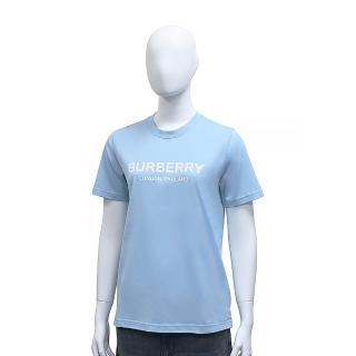 【BURBERRY 巴寶莉】BURBERRY燙印字LOGO純棉圓領短袖T恤(女款/雲藍)
