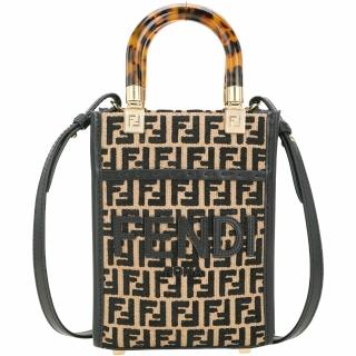 【FENDI 芬迪】Sunshine 迷你型 小牛皮拼毛絨草編玳瑁提柄托特包-黑x卡其