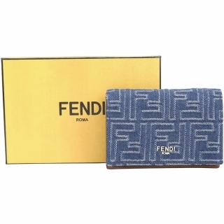 【FENDI 芬迪】FF 緹花牛仔布拼小牛皮橫式卡片夾-藍x棕