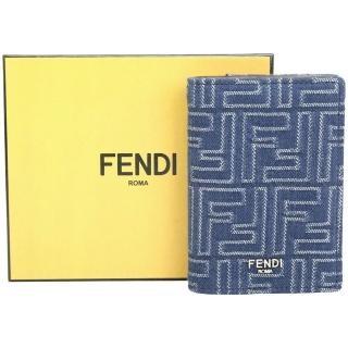 【FENDI 芬迪】FF 緹花牛仔布拼小牛皮卡片夾-藍x棕