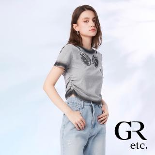 【GLORY21】網路獨賣款-etc.水鑽耳機側抓皺棉質短版上衣-灰色