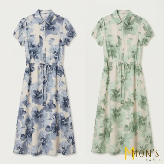 【MON’S】清新印花綁帶長版洋裝(直)