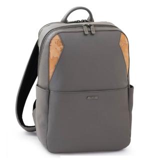 【Alviero Martini】義大利地圖包 小牛皮14吋筆電拉鍊後背包37cm-大象灰