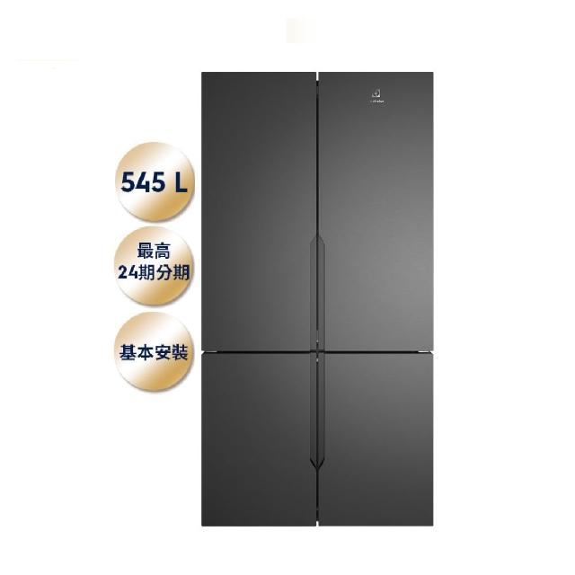 Electrolux 伊萊克斯 EQE5600A-B 黑色四門變頻冰箱，總容量 545L（冷藏 406L / 冷凍 139L），尺寸 896x726x1795 mm，重 109 kg，泰國製造，採用 R600a 環保冷媒，變頻馬達省電耐用，耗電 268W 能源第 5 級，臺灣 110V/60Hz 適用，全機 2 年保固、壓縮機 10 年保固，含基本安裝，BSMI 許可 R33428，適閤家庭大容量儲鮮需求。