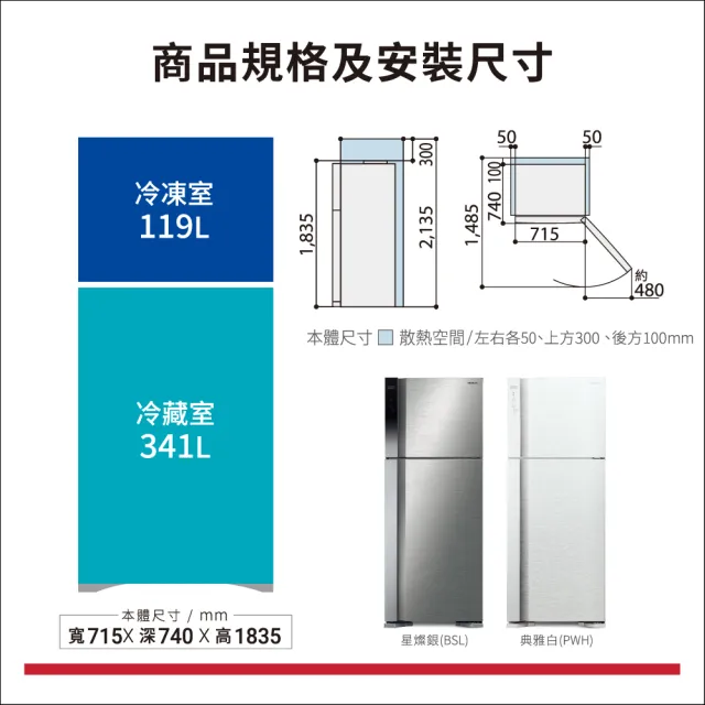 【HITACHI 日立】460L一級能效變頻雙門冰箱(RV469-PWH)