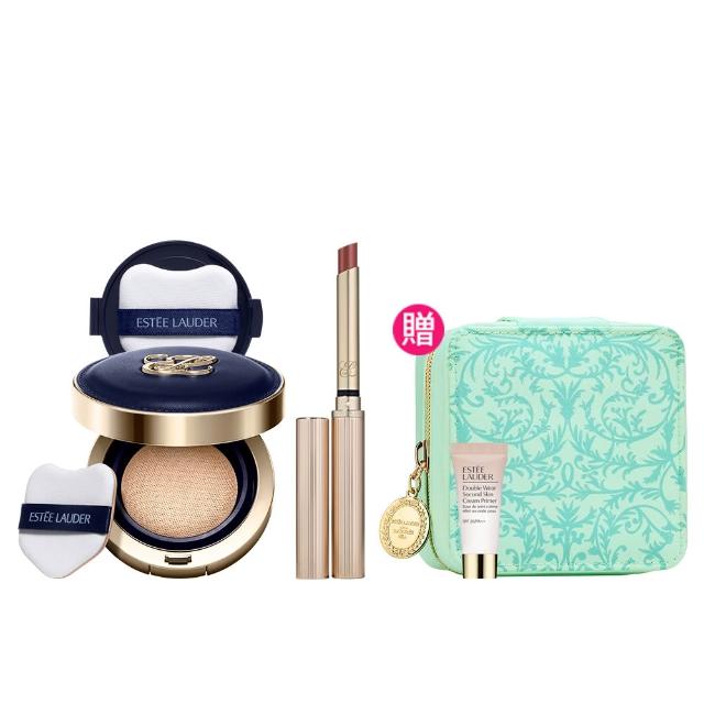 雅詩蘭黛粉磨皮氣墊耀眼細管唇膏組，結合氣墊與唇膏雙重功效，輕盈遮瑕、自然持色，適合日常與場合使用，打造完美唇部妝容。