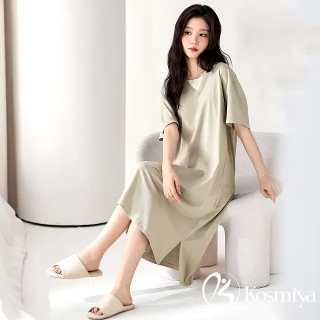 【Kosmiya】1件 帶胸墊 莫代爾 溫柔甜心短袖睡裙/女睡衣/居家服/連身洋裝/洋裝(3色可選/均碼/加大碼)