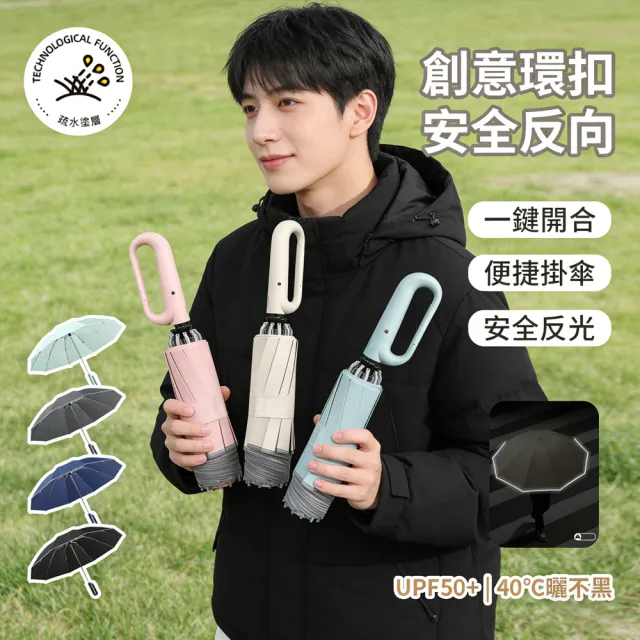 【Cheley】反向自動傘 掛勾設計｜防風防潑水不濕身｜車用必備雨傘｜安全反光10骨抗風傘